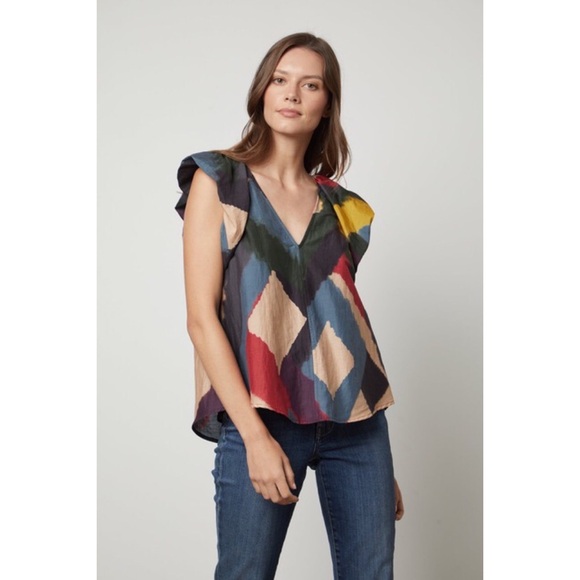 Velvet By Graham and Spencer Flutter Sleeve Colorful Top Size M - Picture 3 of 15
